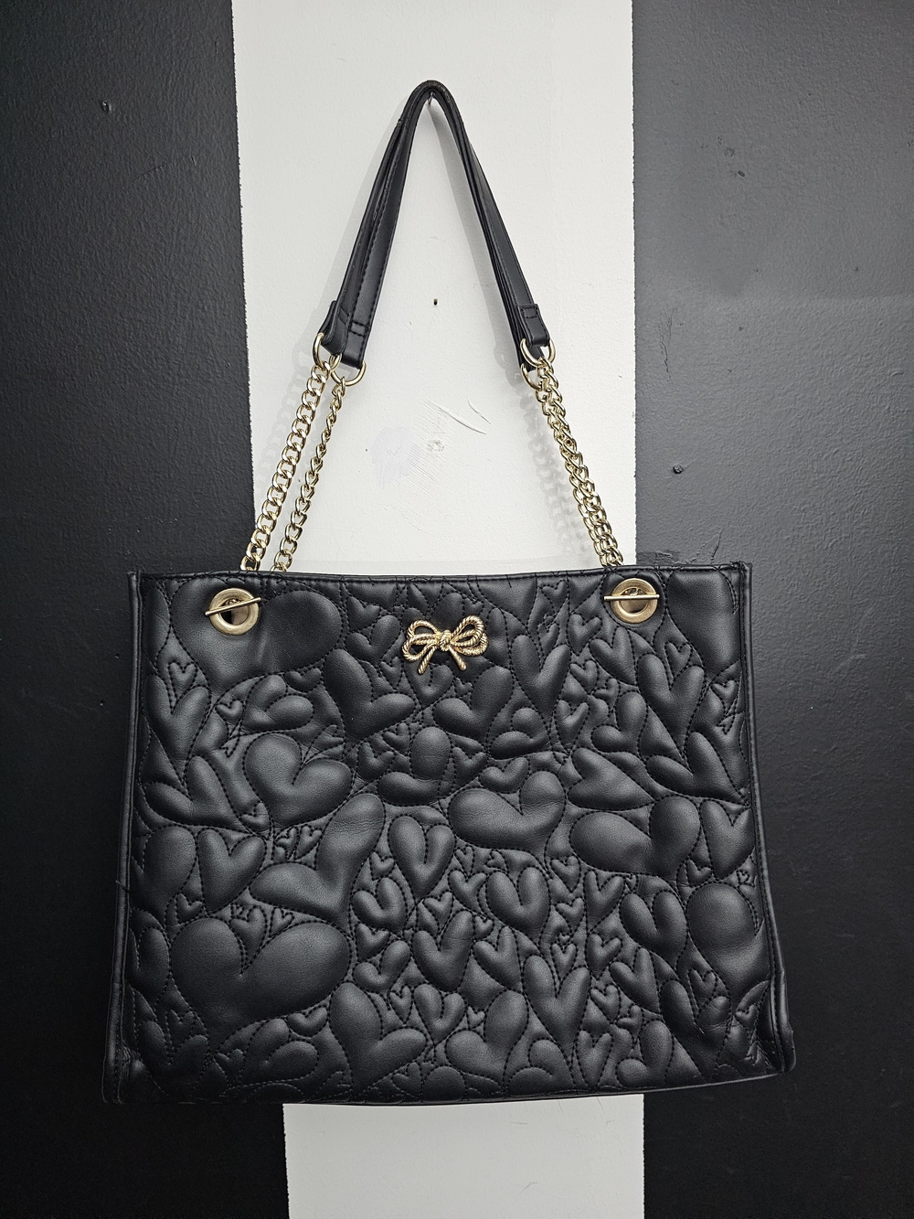 Betsey Johnson Black Quilted Heart Shoulder Tote with Gold Hardware